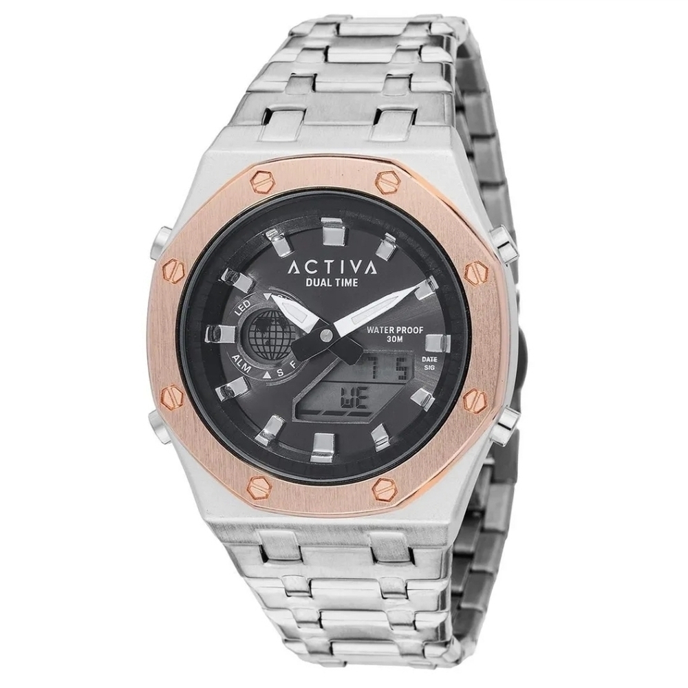 ACTIVA Dual 45.5mm Chronograph Stainless Steel Watch Rose Gold Bezel ACWM003-004